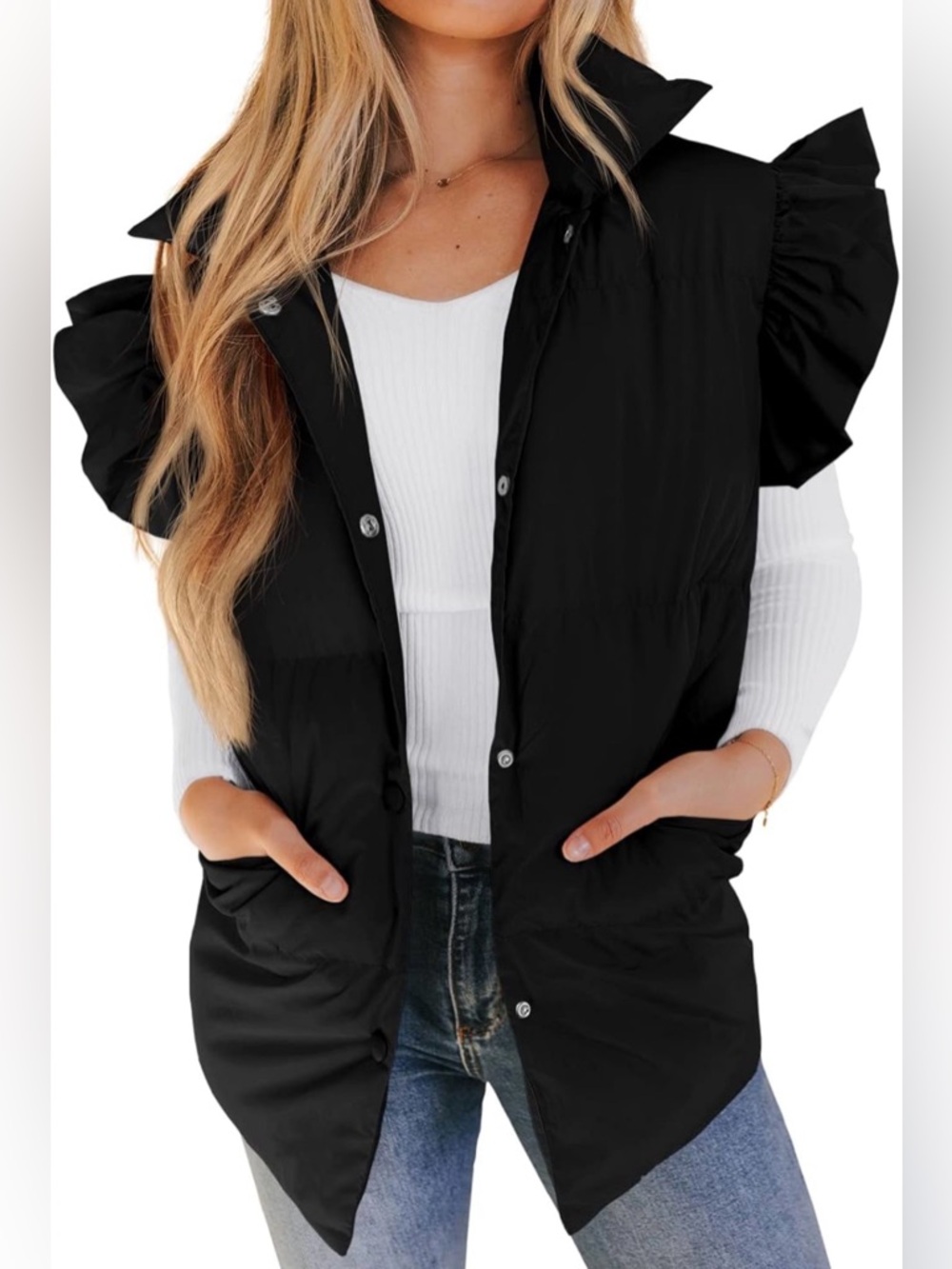 Women’s Black Ruffle Sleeve Puffer Vest